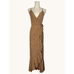 L*Space Brown Polka Dot Ruffle Wrap Maxi Dress XS Adjustable Straps Rayon